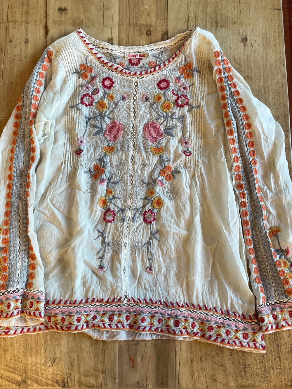 Johnny Was Cream Embroidered Pintuck Top with Pink, Gray & Orange Floral Detail